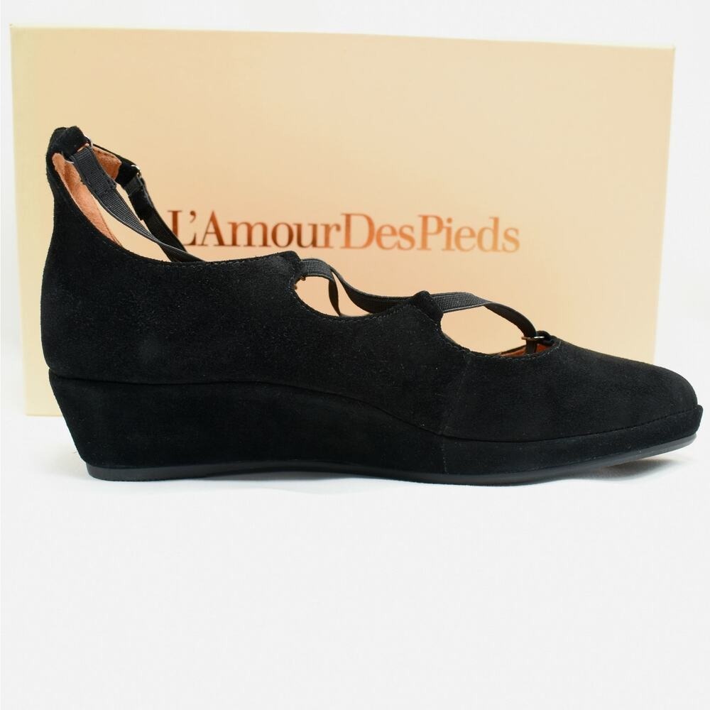 L'Amour Des Pieds Black Suede Leather Wedge Heel Shoes Womens Size 8 Dress New - Picture 7 of 16